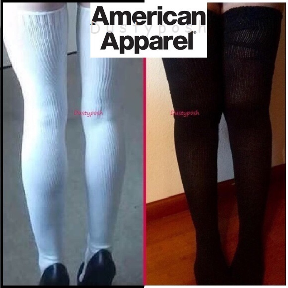 2 Pairs American Apparel Thigh High Socks Black White Warm Cozy Bed Sexy Nurse